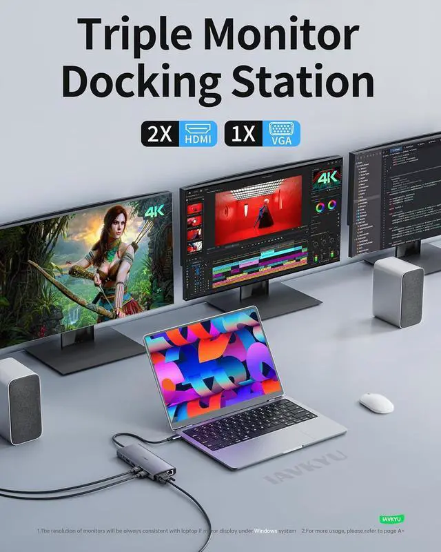 Alt view image 3 of 7 - Laptop Docking Station Dual Monitor, 13 in 1 USB C HUB with Dual HDMI, VGA,100W PD, SD/TF, Ethernet, Multiple Adapter Dongle Compatible with iPhone 15 ProMax/iPhone 15Pro/MacBook//Surface Laptops