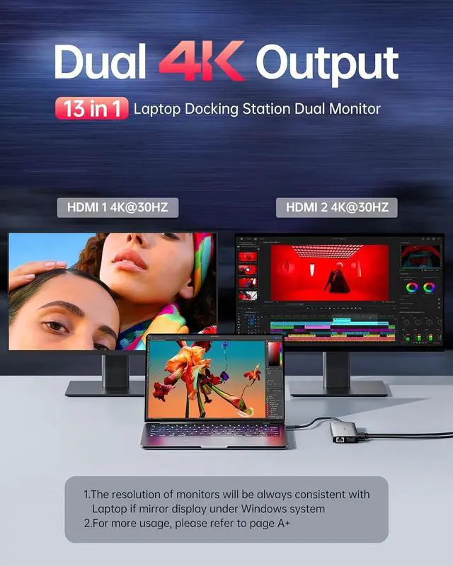 Alt view image 4 of 7 - Laptop Docking Station Dual Monitor, 13 in 1 USB C HUB with Dual HDMI, VGA,100W PD, SD/TF, Ethernet, Multiple Adapter Dongle Compatible with iPhone 15 ProMax/iPhone 15Pro/MacBook//Surface Laptops