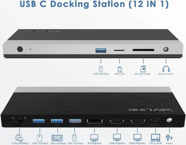 Alt view image 2 of 7 - WAVLINK USB C Docking Station 4K Triple Display (2 HDMI + 1 Displayport) with 100W PC Charging, Gigabit Ethernet, 4 USB 3.0, SD/TF Card Slot, Audio, for  HP MacBook Lenovo and Other USB C Laptops