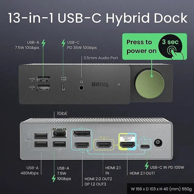 Alt view image 6 of 7 - BenQ beCreatus 13-in-1 USB C Hybrid Dock | Gaming Dock HDMI 2.1 | Dual Source Switch | 4K60Hz on 3 Monitors (Up to 8K60/4K120Hz) | HDR | Dolby | 100W Charging |Windows/Mac/PS5/Xbox/Steam Deck(DP1310)