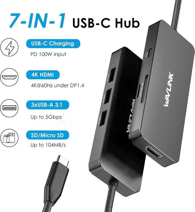 Alt view image 2 of 7 - WAVLINK USB C Docking Station Dual Monitor, 4K HDMI, 100W PD, 3X USB3.1, SD/TF Card Reader, USB C Hub Dongle for MacBook Pro/Air, iPad Pro, Surface, XPS, Thunderbolt 3/4 Laptops, Black