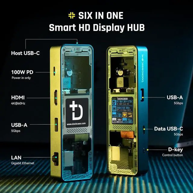 Alt view image 7 of 7 - DOCKCASE Explorer Edition Visual Smart USB C Hub (6-in-1) with HDMI Port 4K@60Hz,Gigabit Ethernet,USB-C and 2 USB-A 5Gbps Data Ports, 100w PD Power Delivery, for MacBook Air/Pro, XPS, and More