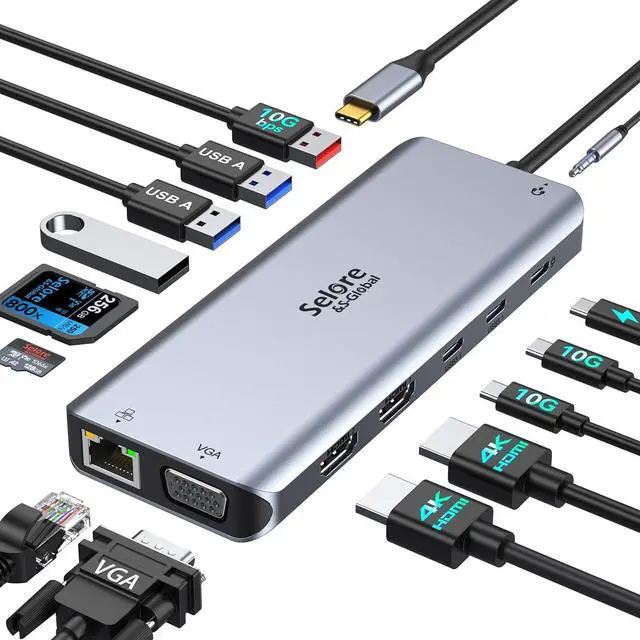 Main image of Selore USB C Docking Station Dual Monitor,Laptop Docking Station,14 in 1 Docking Station 3 Monitors with 2 HDMI,VGA,10G USB A/C,100W PD,6 USB A/C Ports,USB C Hub Multiport Adapter for Windows Laptop