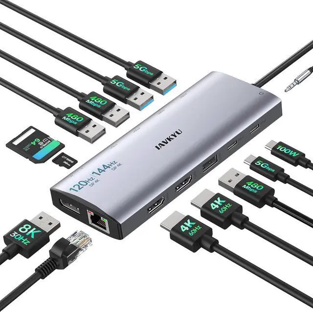 Main image of Monitor Docking Station, 14-in-1 USB C Hub with DP 8K@30Hz/4K@144Hz, Dual HDMI 4K@60Hz, 100W PD, 7 USB Ports, SD/TF Card Reader, Gigabit Ethernet for MacBook & Windows Laptop