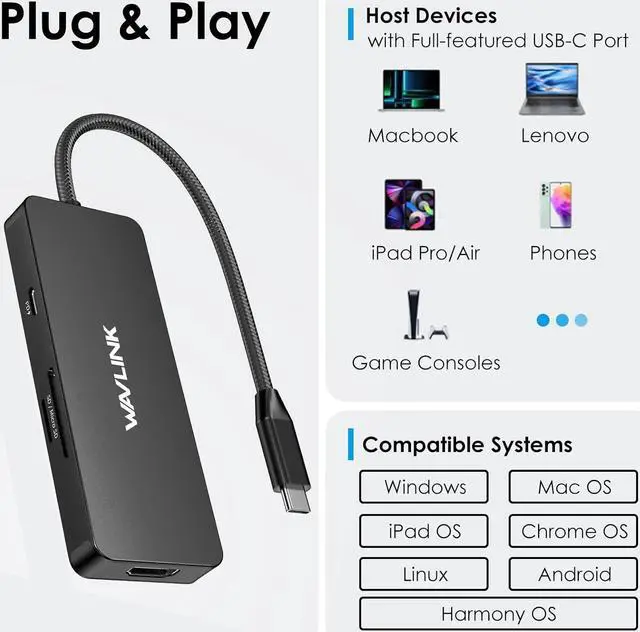Alt view image 5 of 7 - WAVLINK USB C Docking Station Dual Monitor, 4K HDMI, 100W PD, 3X USB3.1, SD/TF Card Reader, USB C Hub Dongle for MacBook Pro/Air, iPad Pro, Surface, XPS, Thunderbolt 3/4 Laptops, Black