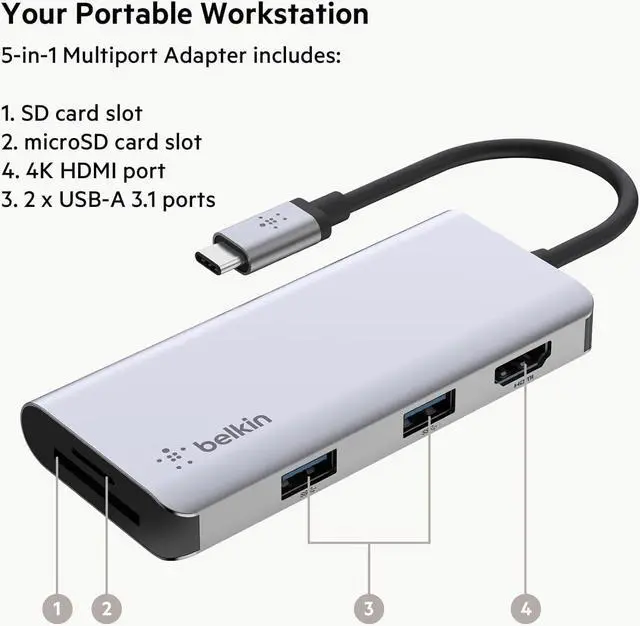 Alt view image 4 of 7 - Belkin USB-C Hub, 5-in-1 MultiPort Docking Station - USB-C Docking Station for MacBook & Windows w/ 4K HDMI 1.4, 2X USB-A 3.1, SD 3.0, & Micro SD 3.0, & 5Gbps Data Transfer for Home, Office, & Travel