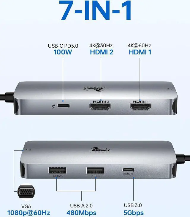 Alt view image 2 of 7 - USB C Docking Station Dual HDMI Adapter, LIONWEI Laptop Docking Station Dual Monitor with Dual 4K HDMI, VGA, Fast Charging Port, 3 USB, USB C Hub Multiport Adapter for Dell, Lenovo, HP, Surface