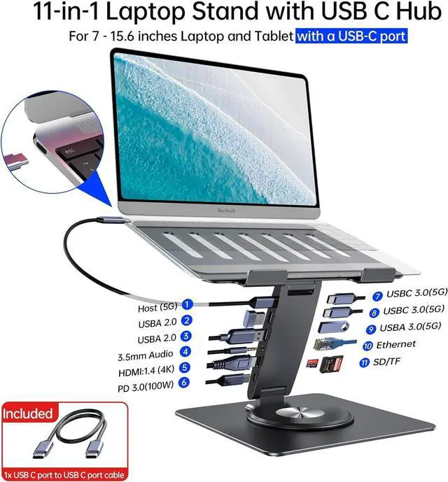 Alt view image 2 of 6 - Laptop Docking Station for MacBook Pro/Air//HP/Surface HC 11-in-1 USB C Hub 360°Rotatable Laptop Stand with USB Hub 4K HDMI USB 3.0 PD100W 3.5mm Audio Jack RJ 45 TF/SD Reader Universal Laptop Dock