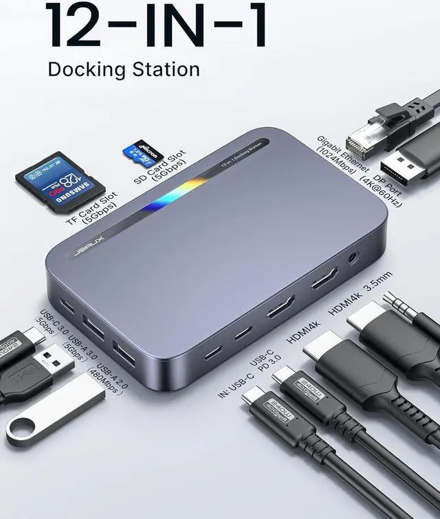 Alt view image 2 of 7 - JSAUX 12 in 1 USB C Docking Station 3 Monitors for MacBook/Dell/HP/Lenovo/Steam Deck/Portable Monitor, Laptop Docking Station with 4K DP, 4K HDMI*2, 100W PD, USB 3.0, 1000Mbps Ethernet, SD/TF