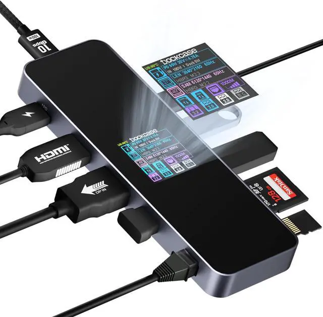 Main image of DOCKCASE Visual Smart USB C Hub (10-in-1) with 4K@60Hz HDMI and DP, Gigabit Ethernet, 1 USB-C and 3 USB-A Ports, 100w PD Power Delivery, UHS-II TF/SD Card Slot for MacBook Air/Pro, XPS, and More