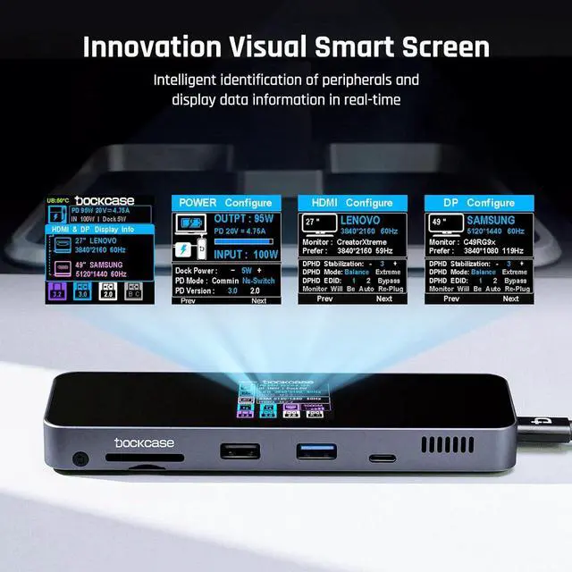 Alt view image 3 of 7 - DOCKCASE Visual Smart USB C Hub (10-in-1) with 4K@60Hz HDMI and DP, Gigabit Ethernet, 1 USB-C and 3 USB-A Ports, 100w PD Power Delivery, UHS-II TF/SD Card Slot for MacBook Air/Pro, XPS, and More
