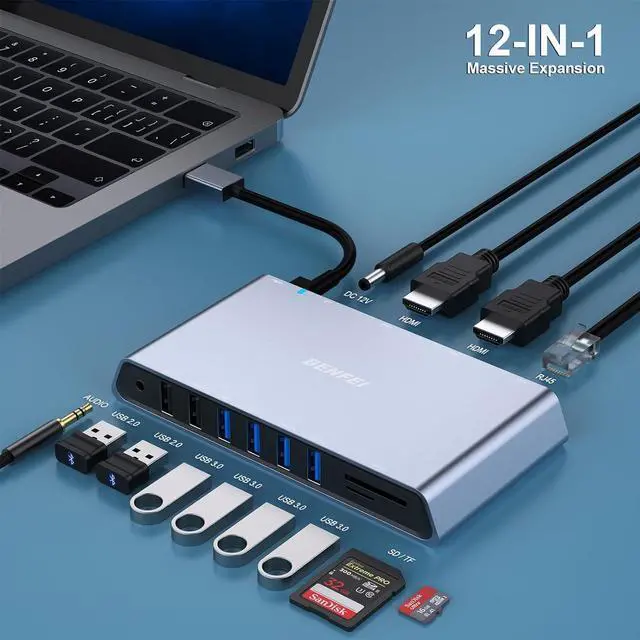 Alt view image 2 of 7 - BENFEI 12-in-1 USB Type-A/USB Type-C Docking Station with Dual HDMI Display/6*USB Ports/SD/TF Card Reader/Gigabit Ethernet Network/3.5mm Female Headphone Jack Compatible with Windows and Mac