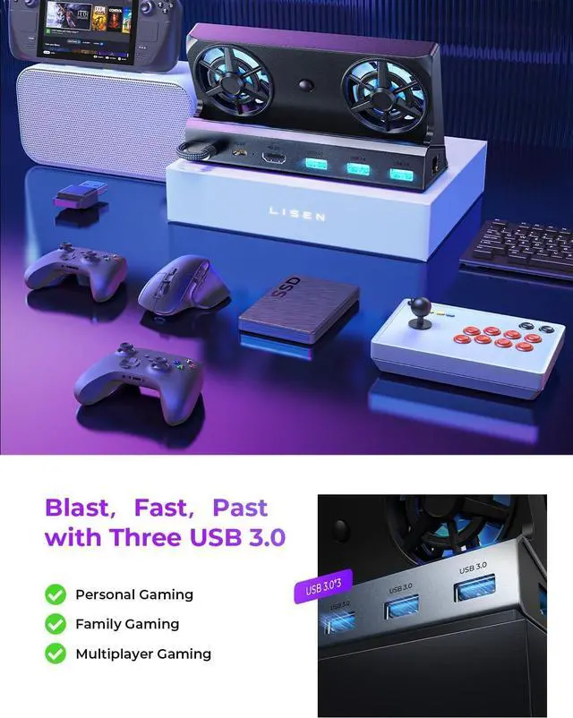 Alt view image 5 of 7 - LISEN 8 IN 1 Docking Station for Steam Deck OLED & ROG Ally & Legion Go, Dual Cooling Fan, HDMI 2.0 4K@60Hz, USB 3.0*3, PD100W Support ROG Ally Turbo 30W and Ethernet Compatible with Steam Deck OLED