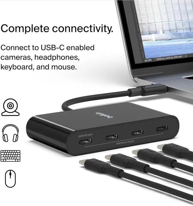 Alt view image 2 of 6 - 4-Port USB-C 3.2 Gen 2 Hub with 100W Power Delivery and 10Gbps Data Transfer High-Speed Multiport Adapter Splitter Compatible with MacBook Pro/Air iPad Pro iPhone 15 Chromebook Surface PC