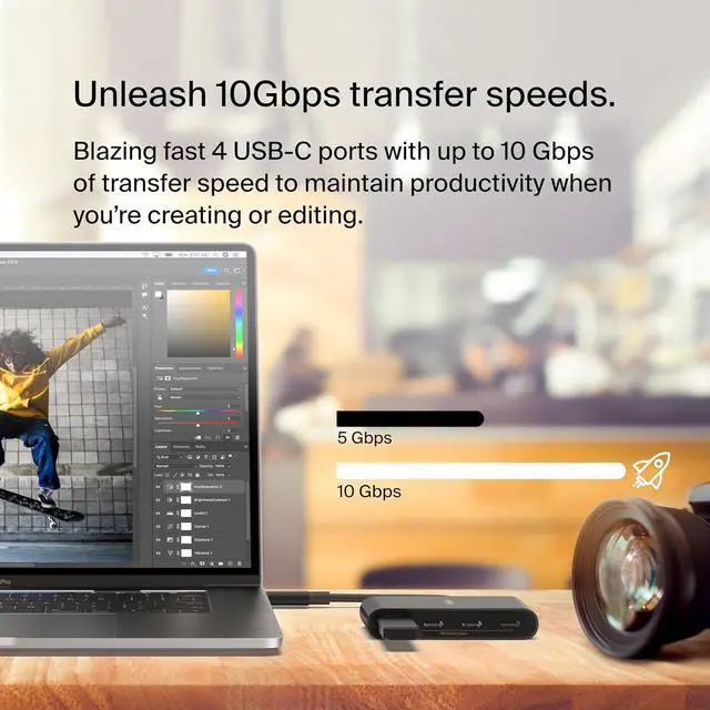 Alt view image 3 of 6 - 4-Port USB-C 3.2 Gen 2 Hub with 100W Power Delivery and 10Gbps Data Transfer High-Speed Multiport Adapter Splitter Compatible with MacBook Pro/Air iPad Pro iPhone 15 Chromebook Surface PC