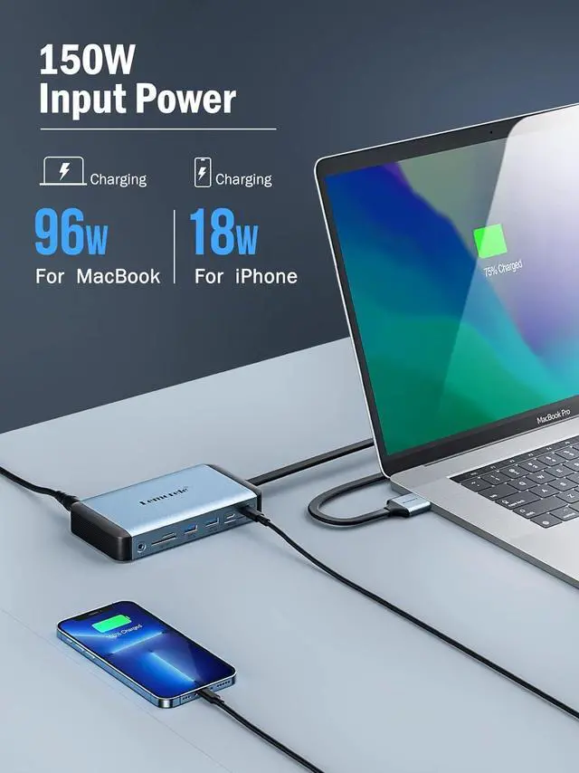 Alt view image 4 of 7 - Lemorele MacBook Pro Air Docking Station w/150W Power Adapter, 12 in 2 USB C Laptop Docking Station 2 HDMI 4K@60Hz, 18W PD 3.0 5Gbps, USB C 3.0 & 4 USB 3.0, RJ45 Ethernet SD/TF Audio
