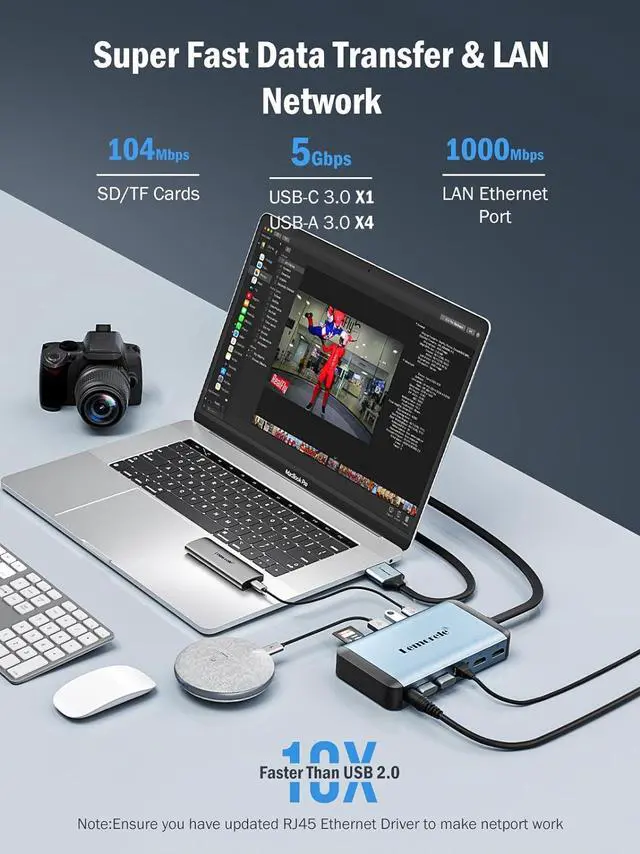 Alt view image 5 of 7 - Lemorele MacBook Pro Air Docking Station w/150W Power Adapter, 12 in 2 USB C Laptop Docking Station 2 HDMI 4K@60Hz, 18W PD 3.0 5Gbps, USB C 3.0 & 4 USB 3.0, RJ45 Ethernet SD/TF Audio