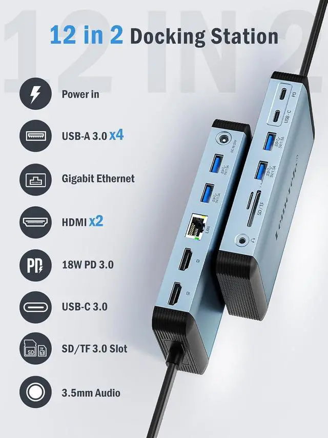 Alt view image 6 of 7 - Lemorele MacBook Pro Air Docking Station w/150W Power Adapter, 12 in 2 USB C Laptop Docking Station 2 HDMI 4K@60Hz, 18W PD 3.0 5Gbps, USB C 3.0 & 4 USB 3.0, RJ45 Ethernet SD/TF Audio