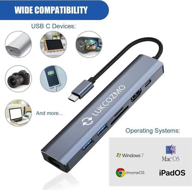 Alt view image 3 of 7 - USB Hub 3.0, 7 in 1 USB Hub with 1000M Ethernet, 4K HDMI, 2 USB3.0, 100W PD, SD/TF Card Reader Docking Station Compatible with Your Cell Phone MacBook//HP/Surface/Lenovo/Steam Deck