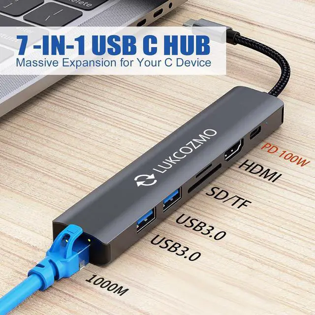 Alt view image 2 of 7 - USB Hub 3.0, 7 in 1 USB Hub with 1000M Ethernet, 4K HDMI, 2 USB3.0, 100W PD, SD/TF Card Reader Docking Station Compatible with Your Cell Phone MacBook//HP/Surface/Lenovo/Steam Deck