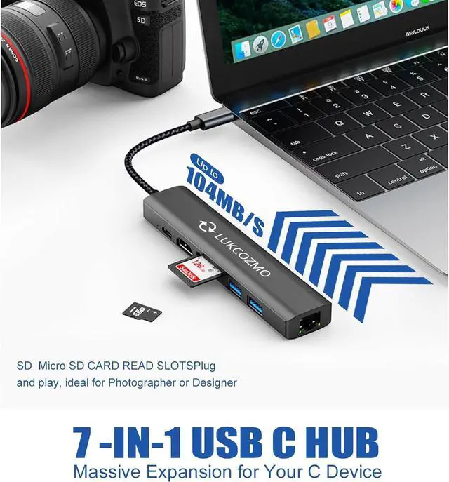 Alt view image 4 of 7 - USB Hub 3.0, 7 in 1 USB Hub with 1000M Ethernet, 4K HDMI, 2 USB3.0, 100W PD, SD/TF Card Reader Docking Station Compatible with Your Cell Phone MacBook//HP/Surface/Lenovo/Steam Deck