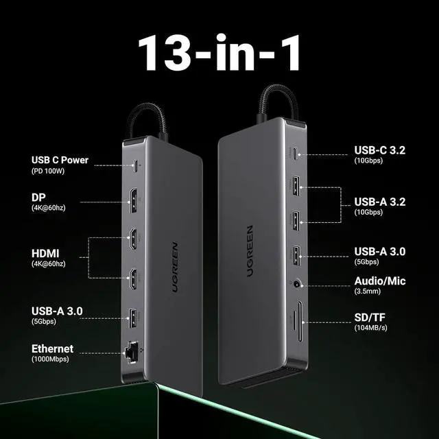 Alt view image 7 of 7 - UGREEN Revodok Pro 313 Laptop Docking Station 13 in 1 4K Triple Display USB C Dock Dual HDMI, DP, 10Gbps Data Port 100W PD Gigabit Ethernet, SD/TF Card Reader Compatible for Thinkpad, Zenbook and more