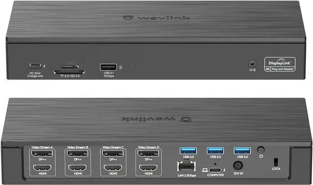 Main image of WAVLINK 18-in-1 Quad Monitor USB C Docking Station with 4 HDMI, 4 Displayport, Compatible for Mac Windows Thunderbolt 4/3, 180W Power, 2.5G Ethernet, USB3.0, SD/TF, Audio/Mic (Quad Monitor Display)