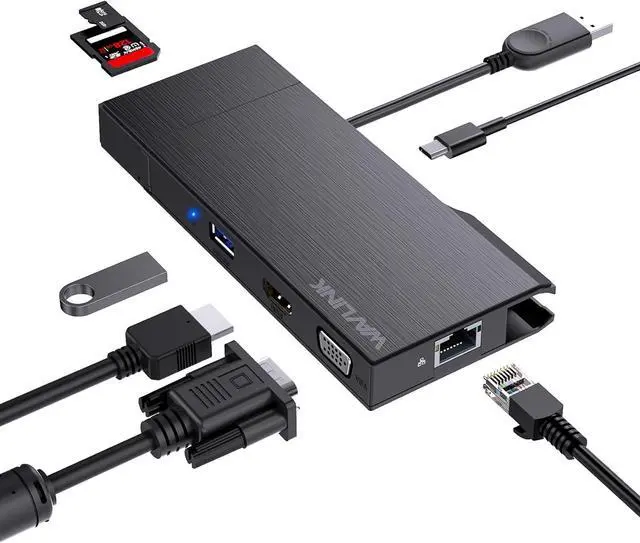 Main image of WAVLINK USB 3.0 Mini Docking Station Dual Display, HDMI, VGA, 9 IN 1 Multiport Adapter with Detachable SD/TF Card Read, Ethernet Port, 2x USB3.0, DisplayLink Dock for Mac Windows Android Chrome Ubuntu