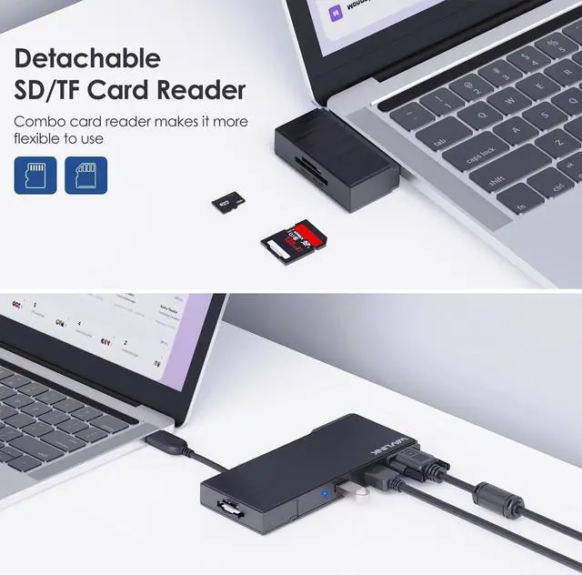 Alt view image 5 of 7 - WAVLINK USB 3.0 Mini Docking Station Dual Display, HDMI, VGA, 9 IN 1 Multiport Adapter with Detachable SD/TF Card Read, Ethernet Port, 2x USB3.0, DisplayLink Dock for Mac Windows Android Chrome Ubuntu