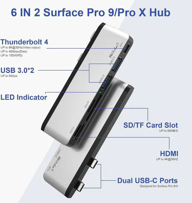 Alt view image 2 of 7 - Surface Pro 9 Accessories, Surface Pro 9 Hub Docking Station with 4K HDMI, USB-C Thunderbolt 4 (Display+Data+PD Charging), USB 3.0 * 2, SD TF Card Slot, Triple Display for Microsoft Surface Pro 9/X