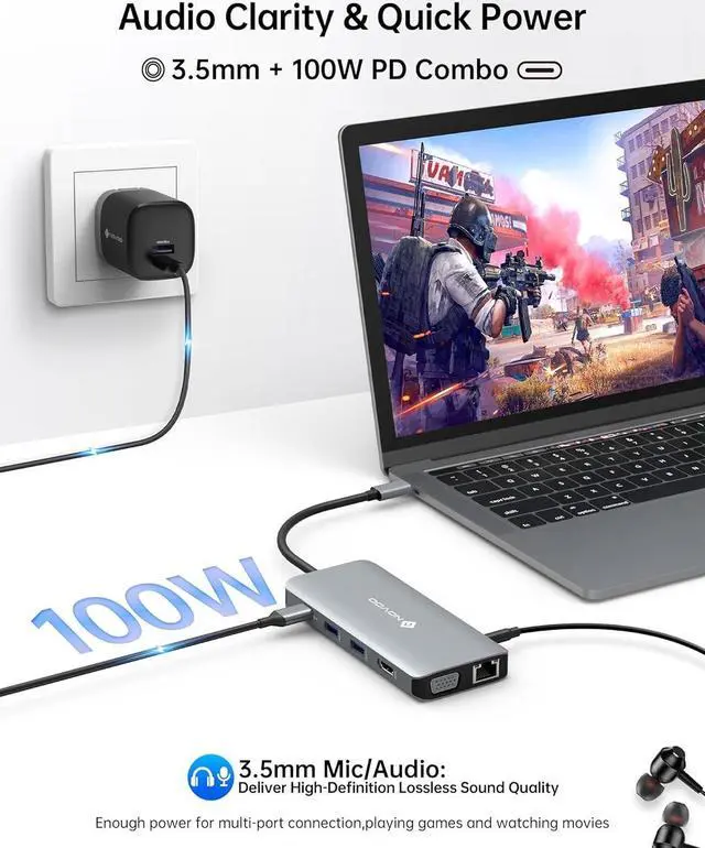 Alt view image 6 of 7 - NOVOO USB C Hub, 11-in-1 Docking Station USB C Adapter with 4K USB C to HDMI, VGA, Gigabit Ethernet, 100W PD, 3 USB-A 5 Gbps, MicroSD/SD Card Reader, USB C Dock for Most Type-C Devices