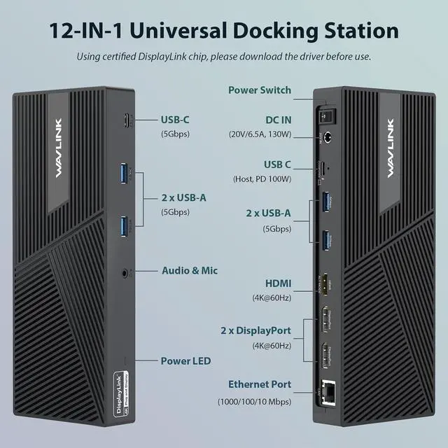 Alt view image 2 of 7 - USB C Docking Station 3 Monitors with 130W Power Delivery, 12-in-1 DisplayLink Dock with Triple Monitors (2*DP, HDMI, 4*Type-A, Type-C, RJ45, Mic/Audio) for Mac Windows