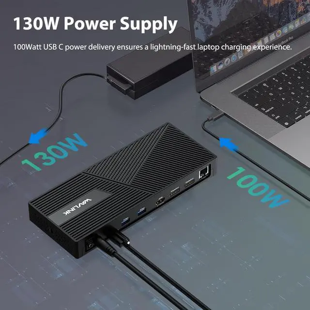 Alt view image 3 of 7 - USB C Docking Station 3 Monitors with 130W Power Delivery, 12-in-1 DisplayLink Dock with Triple Monitors (2*DP, HDMI, 4*Type-A, Type-C, RJ45, Mic/Audio) for Mac Windows