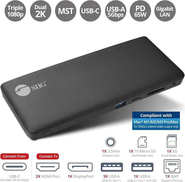 Alt view image 2 of 7 - SIIG USB-C MST Triple Monitor Docking Station for Windows Thunderbolt 3 Compatible Single 4K Dual 2K Triple 1080p 65W PD, HDMI/DisplayPort, Gigabit Ethernet, SD/TF, USB 3.0 and Audio (JU-DK0R11-S1)