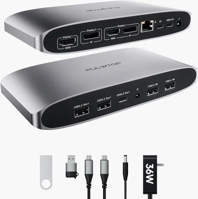 Main image of Displaylink Docking Station, PULWTOP Triple Display for MacBook M1/M2/M3 Windows, Displaylink Dock 4K 60Hz Laptop Docking Station 2 HDMI, 2 Display Port, PD, USB C Data, 4 USBA, Ethernet, Audio