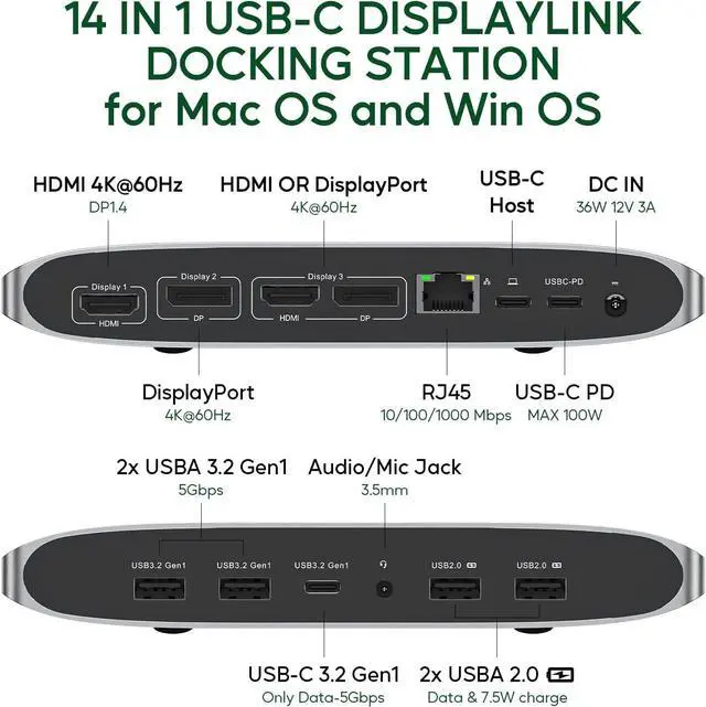 Alt view image 2 of 6 - Displaylink Docking Station, PULWTOP Triple Display for MacBook M1/M2/M3 Windows, Displaylink Dock 4K 60Hz Laptop Docking Station 2 HDMI, 2 Display Port, PD, USB C Data, 4 USBA, Ethernet, Audio
