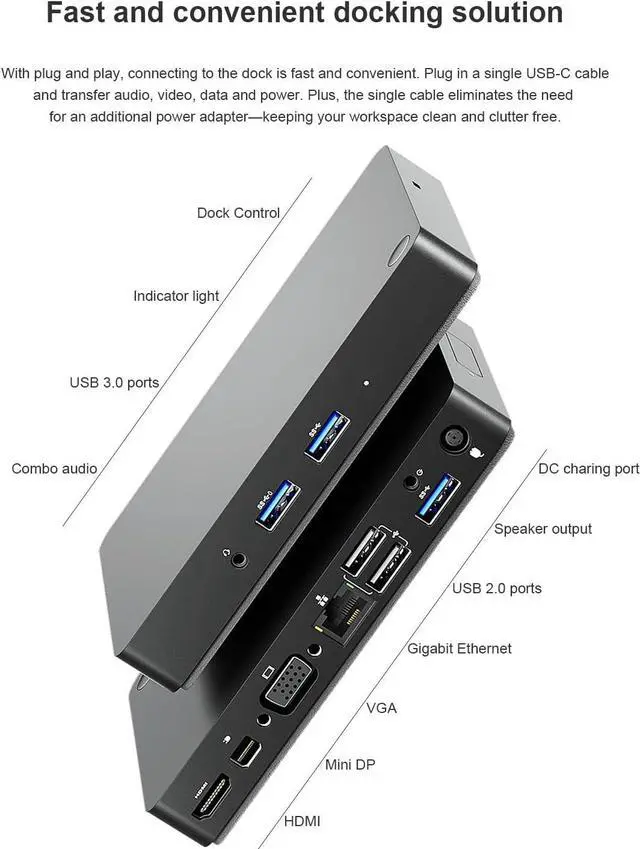 Alt view image 2 of 7 - WD15 USB C Docking Station, USB-C Double Displays or Single 4K Display Docking Station with MiniDP, HDMI and VGA for  USB C Laptops (1DP, 1HDMI, 1VGA, 3USB3.0, 2USB 2.0, 1Audio, 1Speaker Out)