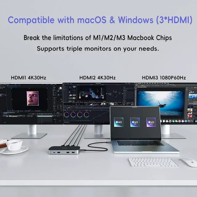 Alt view image 3 of 6 - Laptop Docking Station - Triple USB-C, Dual 4K Display, Macbook M1/M2/M3/Windows, USB-A, Ethernet