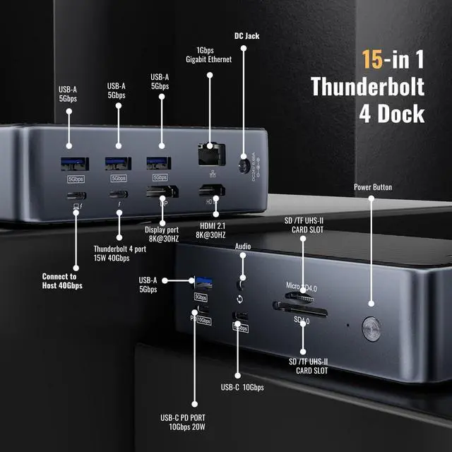Alt view image 2 of 6 - Thunderbolt 4 Dock (Intel Certified), MacBook Pro Docking Station with 15 in 1, 160W Power, 8K@30Hz or 4K@60Hz, Thunderbolt Hub for Windows&MacBook PC Laptops. USB-C, USB-A, Ethernet, Audio, SD4.0