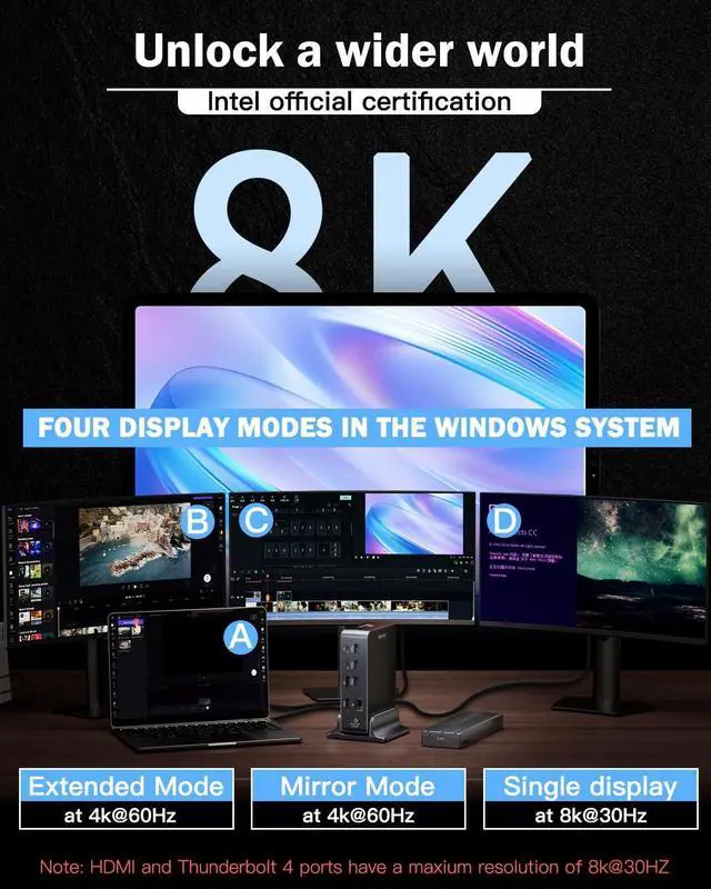 Alt view image 3 of 6 - Thunderbolt 4 Dock (Intel Certified), MacBook Pro Docking Station with 15 in 1, 160W Power, 8K@30Hz or 4K@60Hz, Thunderbolt Hub for Windows&MacBook PC Laptops. USB-C, USB-A, Ethernet, Audio, SD4.0