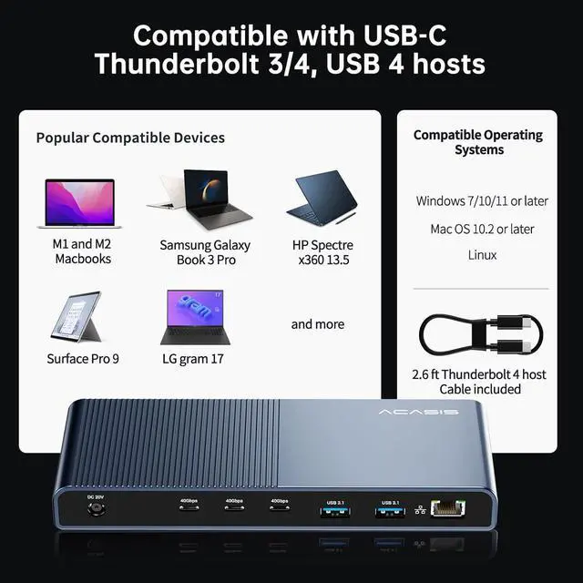 Alt view image 6 of 6 - ACASIS 40Gbps Dock for Thunderbolt 4/3 Devices, USB 4 Host Devices, 13-in-1 Laptop Docking Station, Single 8K60Hz or Dual 4K60Hz Display, 3x40Gbps Port, 2xUSB A 3.1, GbE, SD/TF 4.0, 3.5mm Audio
