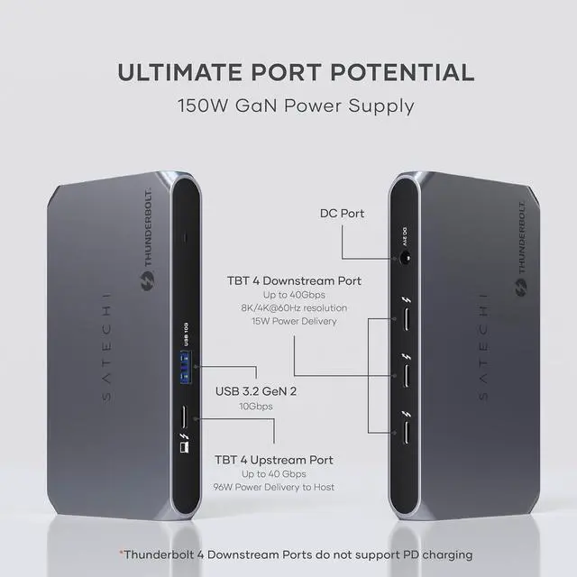 Alt view image 2 of 6 - Satechi Thunderbolt 4 Hub Slim Pro, USB C 96W Charging, Single 8K or Dual 4K Display, 4 Thunderbolt 4 Ports, USB 3.2 Gen2 - for MacBook Pro/Air M1 M2 M3, , HP, Surface, Lenovo