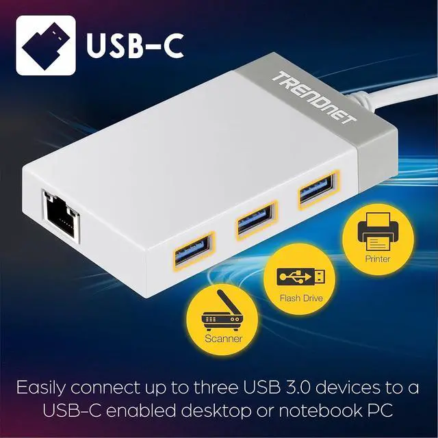 Alt view image 7 of 7 - TRENDnet USB C to Ethernet Gigabit Adapter, TUC-ETGH3, Compact USB Type C Hub, 3 x USB 3.0 Ports, 1 x RJ-45 Gigabit Ethernet Port, Windows and Mac Compatible, White