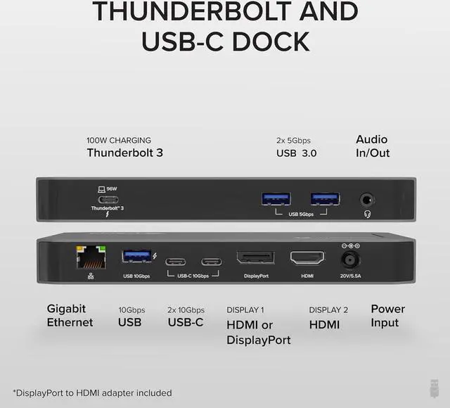 Alt view image 2 of 7 - Plugable Thunderbolt Dock, 40Gbps with 100W Laptop Charging, Compatible with macOS, Windows, Dual HDMI Docking Station with DisplayPort - Dual Monitor, 2X USB-C, 3X USB 3, Gigabit Ethernet, Audio Jack