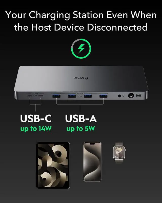 Alt view image 6 of 7 - Cudy 13-in-1 DisplayLink Dual 4K Universal USB C Docking Station, 10Gbps USB-C, 2 HDMI Ports, 2 Display Ports, 4K 60Hz, 1000Mbps RJ45 Port, 100 Watts PD, 150 Watts PSU, CS700
