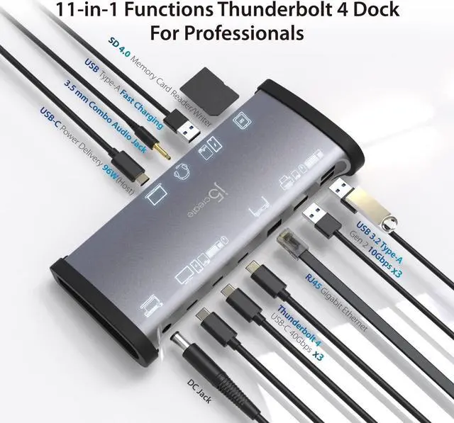 Alt view image 2 of 7 - j5create 8K Thunderbolt 4 Docking Station with Max 96W Charging, Single 8K60 or Dual 4K60 Display, Thunderbolt 4 40Gbps, USB 10Gbps, Gigabit Ethernet, SD 4.0, Audio Combo (JTD562)