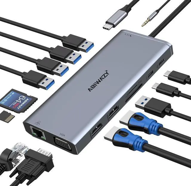 Main image of USB C Docking Station Dual Monitor for /HP//Surface Laptop 14 in 1 Triple Display Hub Multiple Adapter Dongle with 2 HDMI 4K+VGA+5 Port+100W PD Charger+Ethernet+SD/TF+Audio