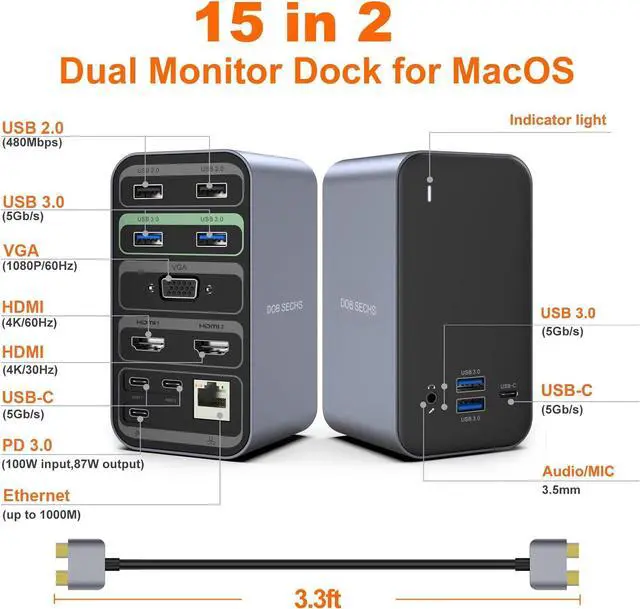 Alt view image 3 of 7 - DOB SECHS for MacBook Pro Docking Station Dual Monitor, 15-in-2 Dual Display USB C Laptop Docking Station for MacBook Pro/Air with 2 4K HDMI, VGA, USB-C & 6 USB, 87W Charge, RJ45, 3.5mm Audio, PD3.0