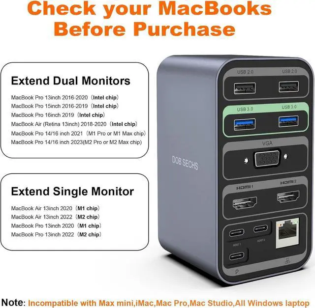 Alt view image 6 of 7 - DOB SECHS for MacBook Pro Docking Station Dual Monitor, 15-in-2 Dual Display USB C Laptop Docking Station for MacBook Pro/Air with 2 4K HDMI, VGA, USB-C & 6 USB, 87W Charge, RJ45, 3.5mm Audio, PD3.0