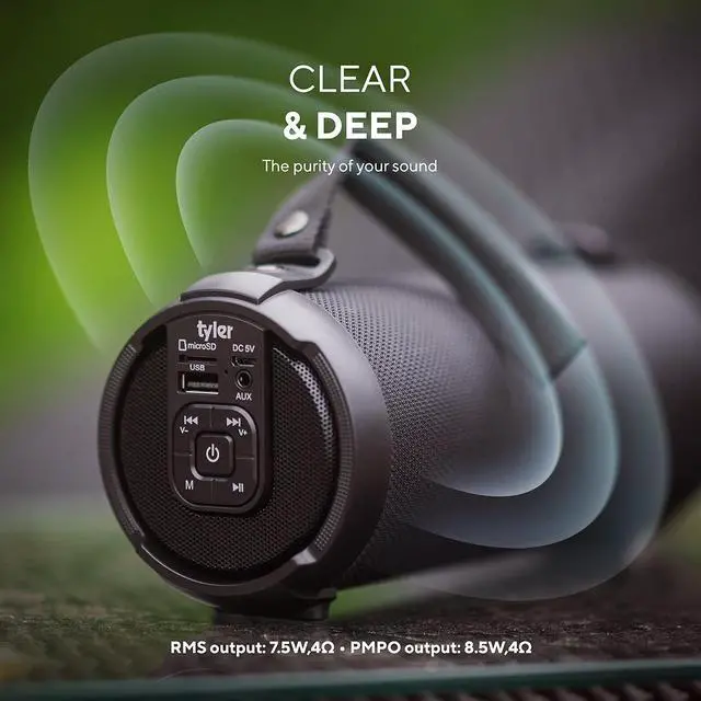 Alt view image 2 of 7 - Tyler Wireless Bluetooth Speaker Water Resistant Long Range Rechargeable Boombox USB MP3 Micro SD AUX Inputs Fm Radio Sound & Bass Carry Strap Lightweight for Home Outdoor Stereo